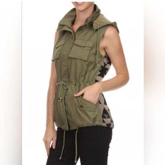Fashionomics Jackets & Blazers - Fashionomics Olive Green Mockneck Utility Vest with Lining and Removable Hood